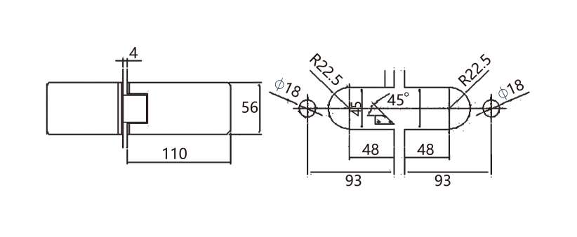Technical drawing of 135 degree glass to glass hinge JSH-2112 with long flat rectangular plates for shower door