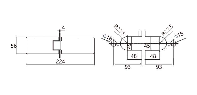 Technical drawing of 180 degree glass to glass hinge JSH-2113 with long flat rectangular plates for shower door