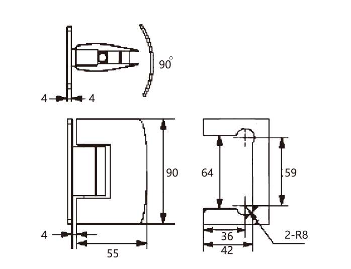 Technical drawing of 180 degree glass to wall hinge JSH-2210 with wide curved covers for shower door