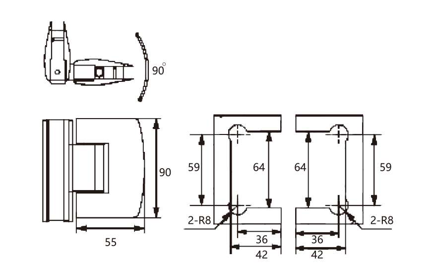 Technical drawing of 90 degree glass to glass hinge JSH-2211 with wide curved covers for shower door