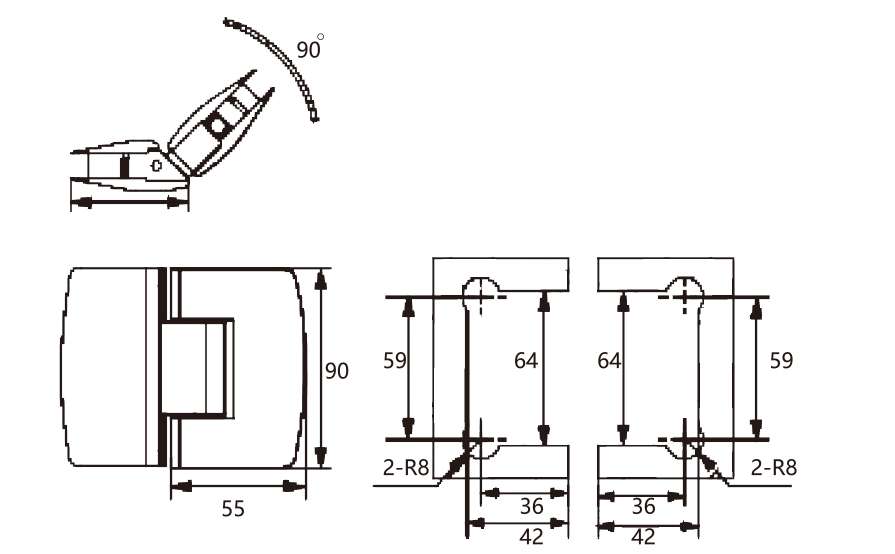 Technical drawing of 135 degree glass to glass hinge JSH-2212 with wide curved covers for shower door