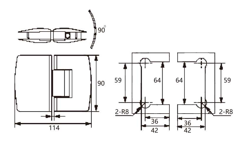 Technical drawing of 180 degree glass to glass hinge JSH-2213 with wide curved covers for shower door