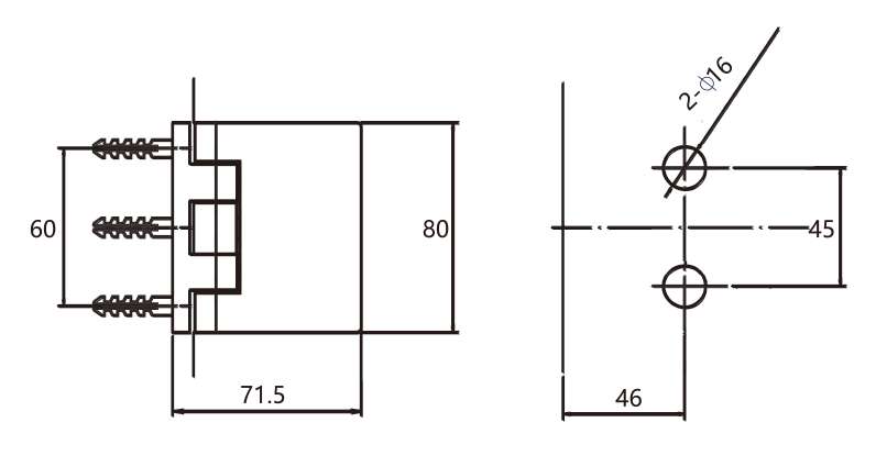 Technical drawing of 90 degree glass to wall hinge JSH-2310 with internal spring structure for shower door
