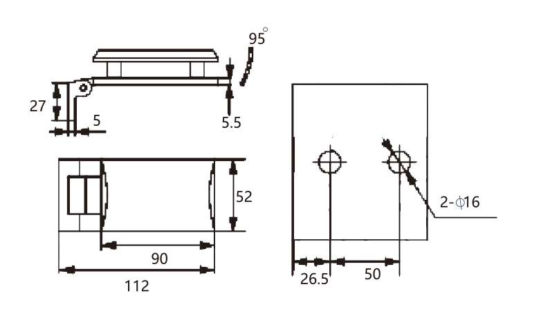 Technical drawing of glass to wall hinge JSH-2410 with rectangular body for shower glass door