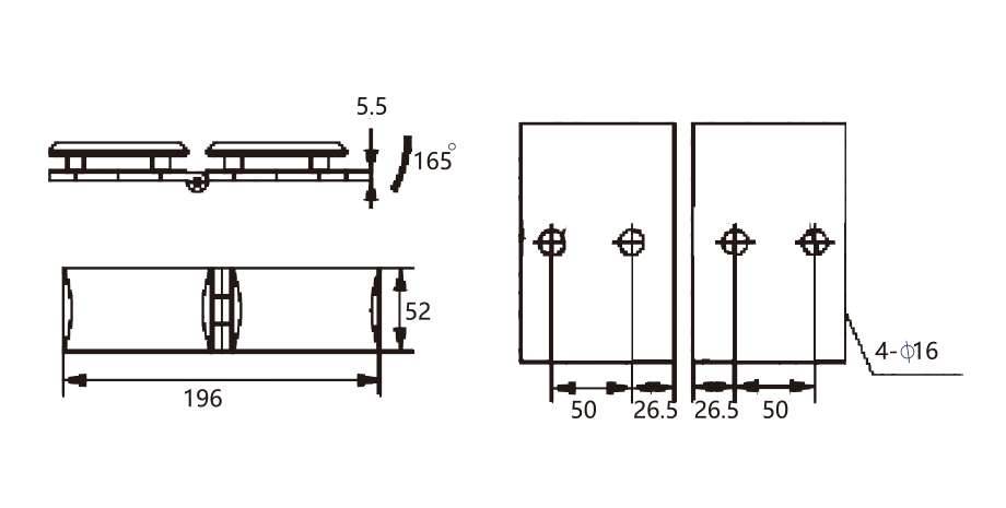 Technical drawing of glass to glass hinge JSH-2411 with elongated rectangular plates for shower door