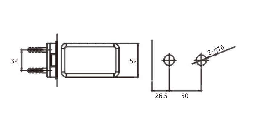 Technical drawing of glass to wall hinge JSH-2430 with box-shaped for shower glass door