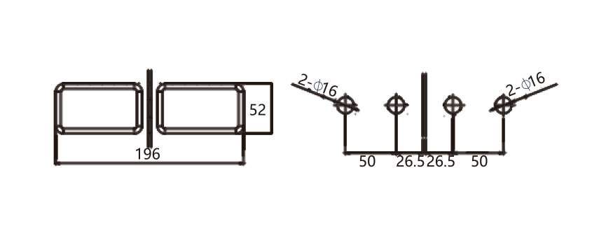 Technical drawing of glass to glass hinge JSH-2431 with angled rectangular plates for shower door
