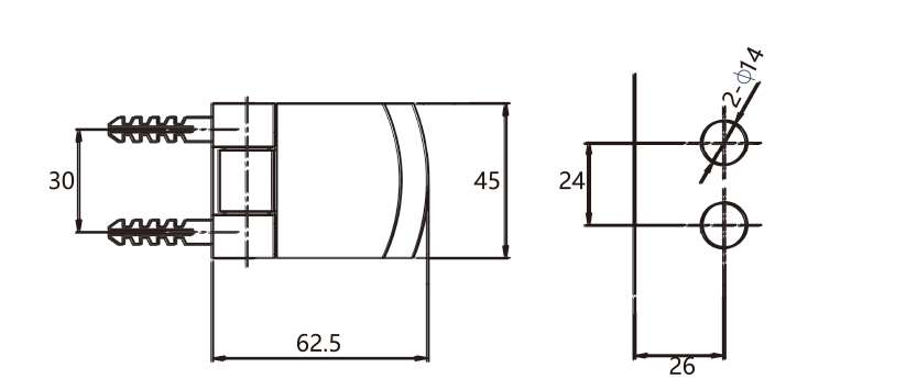 Technical drawing of curved glass to wall hinge JSH-2440 with exposed side pivot for shower door