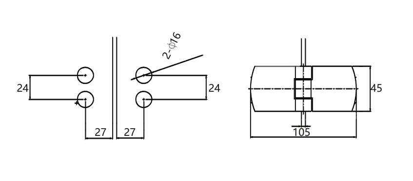 Technical drawing of glass to glass hinge JSH-2441 with symmetrical curved covers for shower glass door