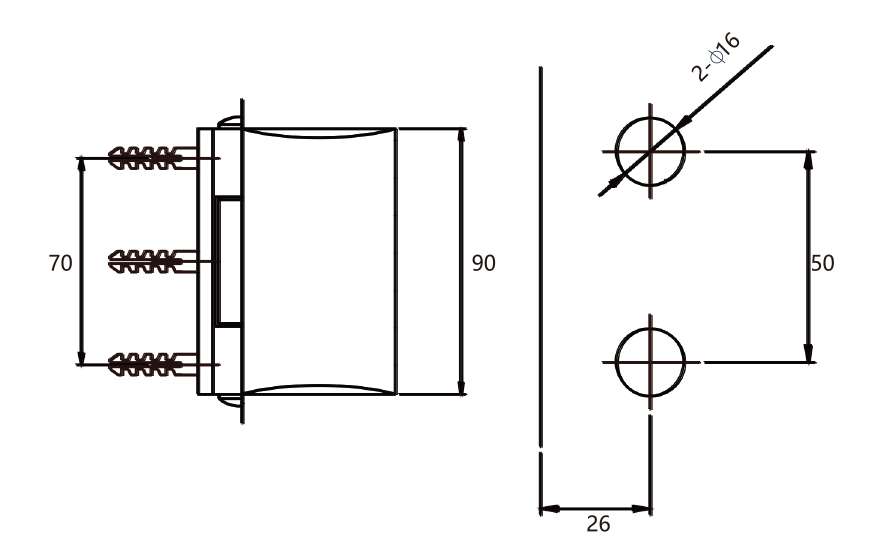 Technical drawing of single plate glass to wall hinge JSH-2510 with wide curved faces for shower glass door