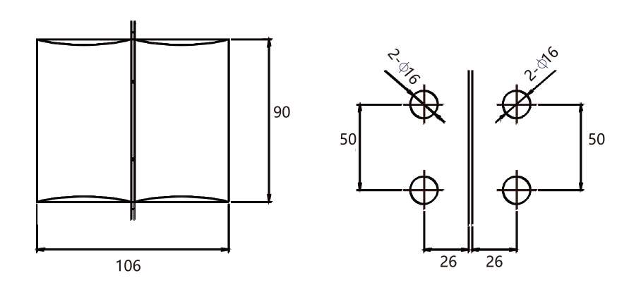 Technical drawing of glass to glass hinge JSH-2511 with wide curved faces for shower glass door