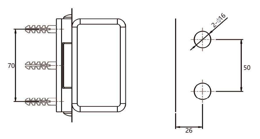 Technical drawing of glass to wall hinge JSH-2530 with sharp cornered plates for shower door