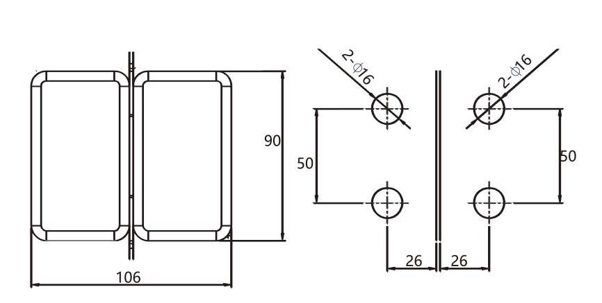 Technical drawing of glass to glass hinge JSH-2531 with sharp cornered plates for shower door