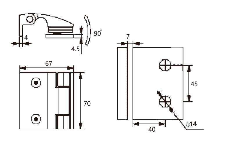 Technical drawing of rectangular glass to wall hinge JSH-2540 with curved face for shower door
