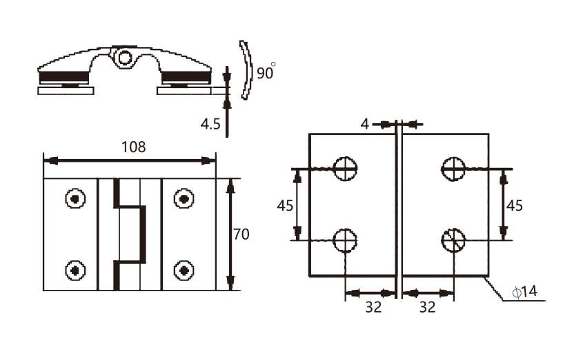 Technical drawing of glass to glass hinge JSH-2541 with wide curved faces for shower door