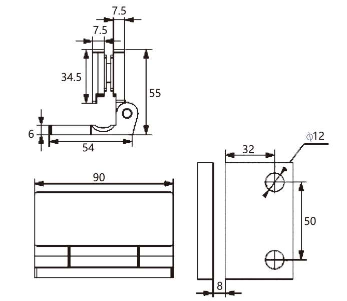 Technical drawing of frameless glass to wall hinge JSH-2560 with concealed screw for shower door