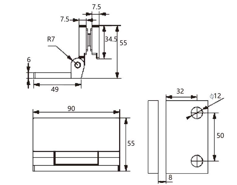 Technical drawing of rectangular glass to wall hinge JSH-2560A with hidden screw design for shower door