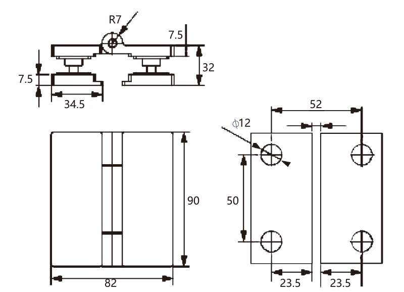 Technical drawing of square glass to glass hinge JSH-2561 with invisible screw for frameless shower door