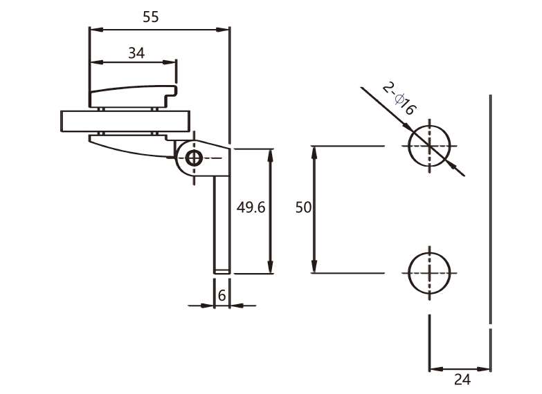 Technical drawing of glass to wall hinge JSH-2070A with invisible screw and rectangular body for shower door