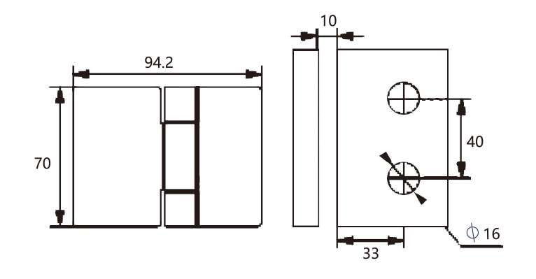 Technical drawing of square glass to wall hinge JSH-2580 with invisible screw for shower door