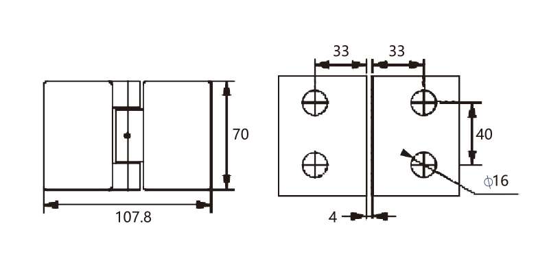 Technical drawing of square glass to glass hinge JSH-2581 with invisible screw for shower door