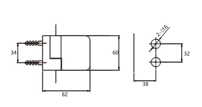 Technical drawing of shower door rectangular glass to wall hinge JSH-2650 with lift-off barrel joint
