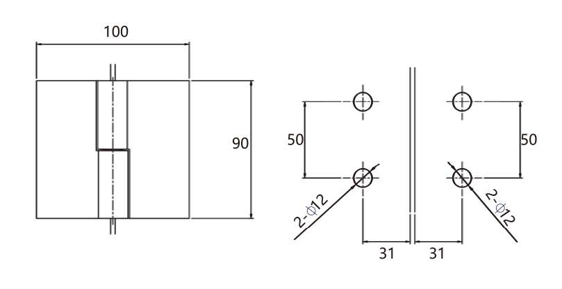 Technical drawing of shower door narrow vertical glass to glass lift-off hinge JSH-2661