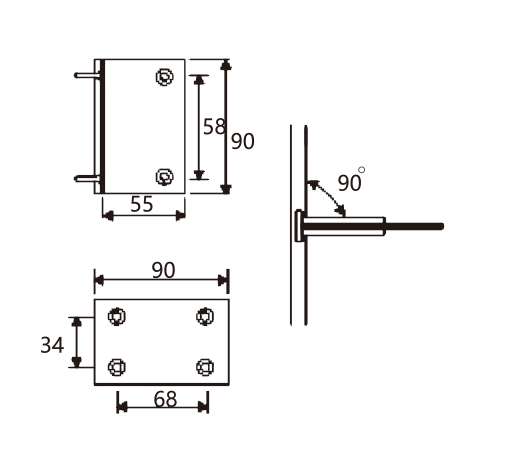 JSH-2710 Technical drawing of shower square 90 degree glass to wall hinge JSD-2710