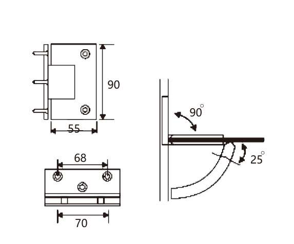 Technical drawing of shower square 90 degree wall mount hinge JSD-2710A