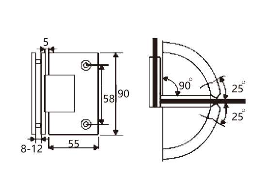 JSH-2711 Technical drawing of shower square 90 degree glass to glass hinge JSD-2711