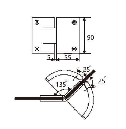 Technical drawing of shower square 135 degree glass to glass hinge JSD-2712