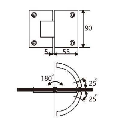 JSH-2713 Technical drawing of shower square 180 degree glass to glass hinge JSD-2713