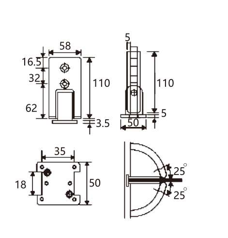 Technical drawing of shower tall rectangular glass to wall hinge JSH2810 with exposed pivot slot