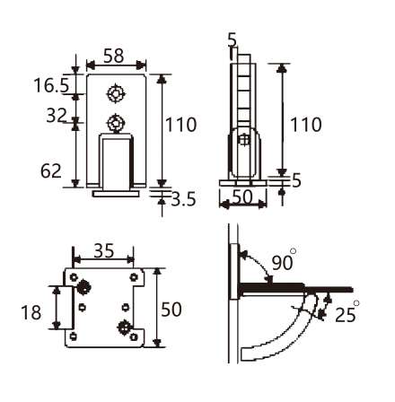 Technical drawing of shower glass to wall door hinge JSH-2810A with flat mounting base