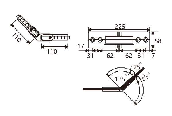 Technical drawing of 	shower elongated rectangular 135 degree glass to glass door hinge JSH-2812 with inline pivot