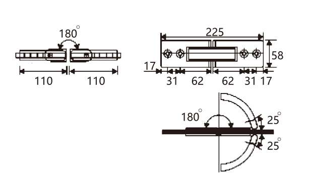 Technical drawing of 	shower elongated rectangular 180 degree glass to glass door hinge JSH-2813 with inline pivot