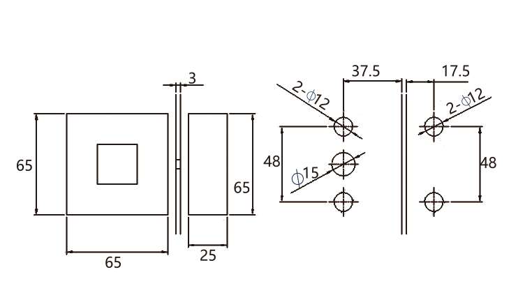 Technical drawing of square brass glass to glass lock JSL-2680 with knob for bathroom glass door