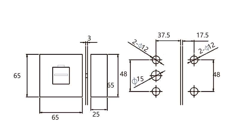 Technical drawing of square brass glass to glass lock JSL-2681 for bathroom glass door
