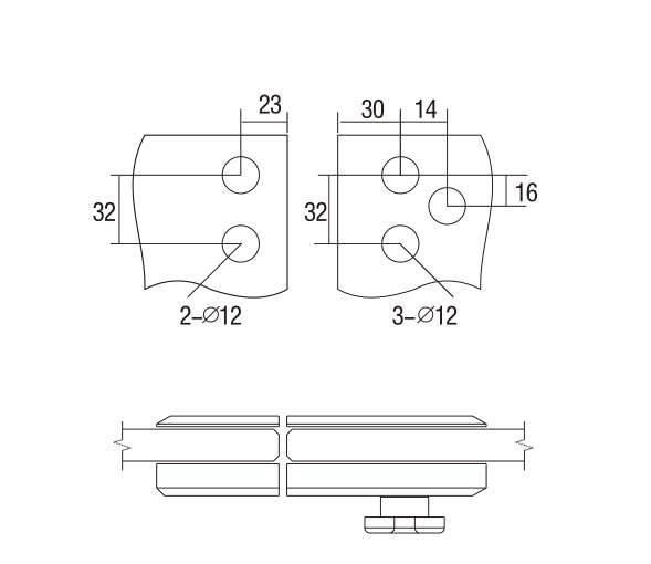 Technical drawing of shower rounded glass lock JSL-2960 with central key cylinder