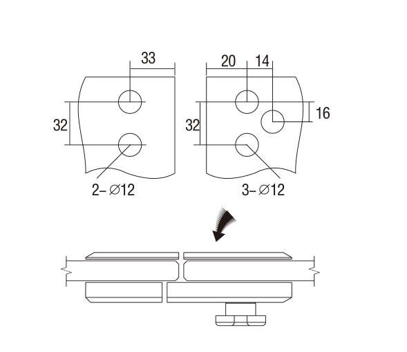 Technical drawing of shower rounded glass to glass door lock JSL-2961 with offset key cylinder