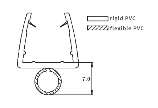 Technical drawing of rounded tube on top screen seal JSS-3650 for in and out swing door glass to wall