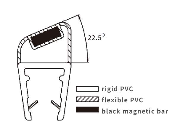 Technical drawing of 135 degree and 180 degree magnetic screen seal JSS-3690 profile for glass to glass