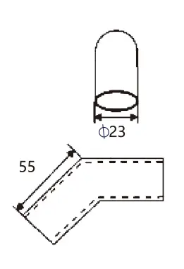 Technical drawing of shower glass 135 degree pipe connector JSS-3834