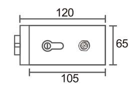 Technical drawing of square shaped lever lock MJPL-4077E with vertical key cylinder