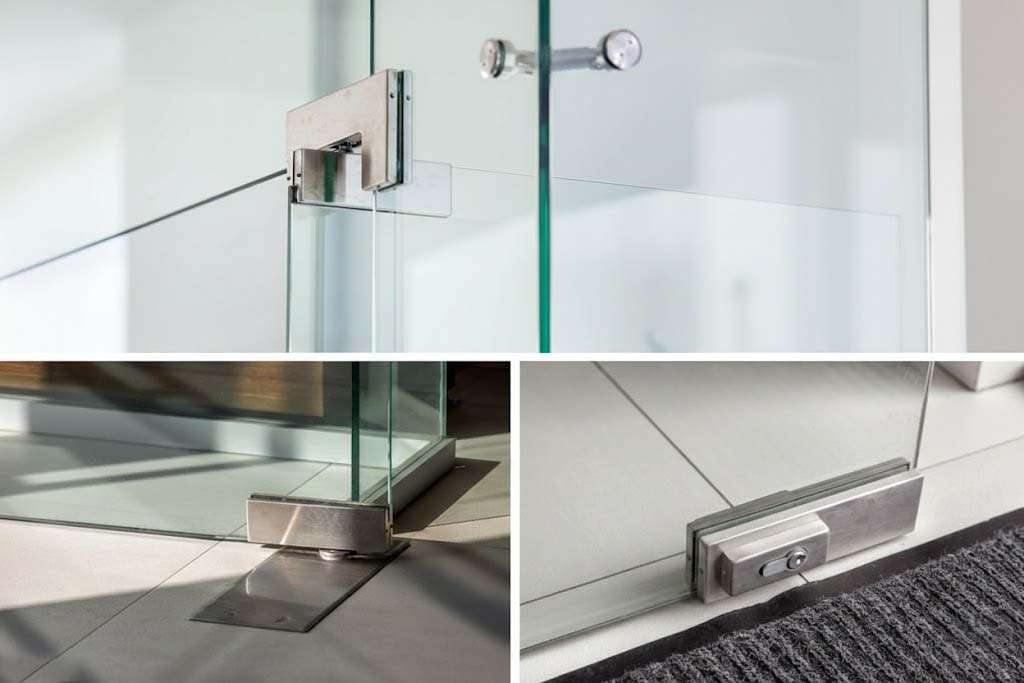 Patch fitting and patch lock installed on frameless glass swing door.