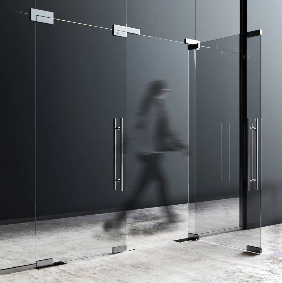 Detailed view of frameless glass door hardware with architectural patch fittings, heavy-duty top and bottom pivot hinges in brushed stainless steel, and vertical H shaped pull handles.