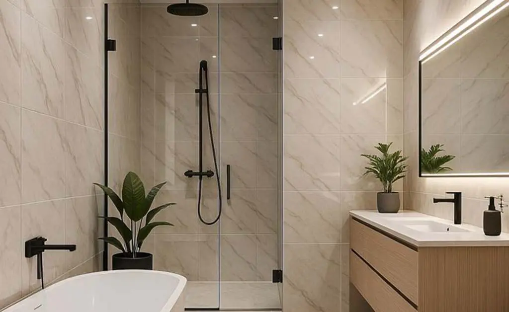  Modern frameless shower enclosure with matte black shower door hinges and glass hardware