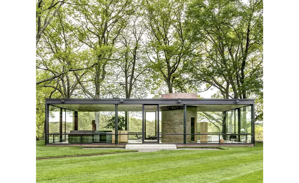 Philip Johnson Glass House in Connecticut showcasing full glass panel architecture with steel frame