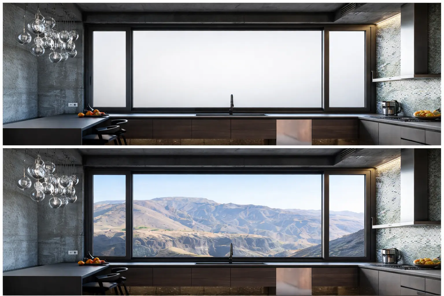 Before and after comparison of privacy smart film on window showing frosted and clear states