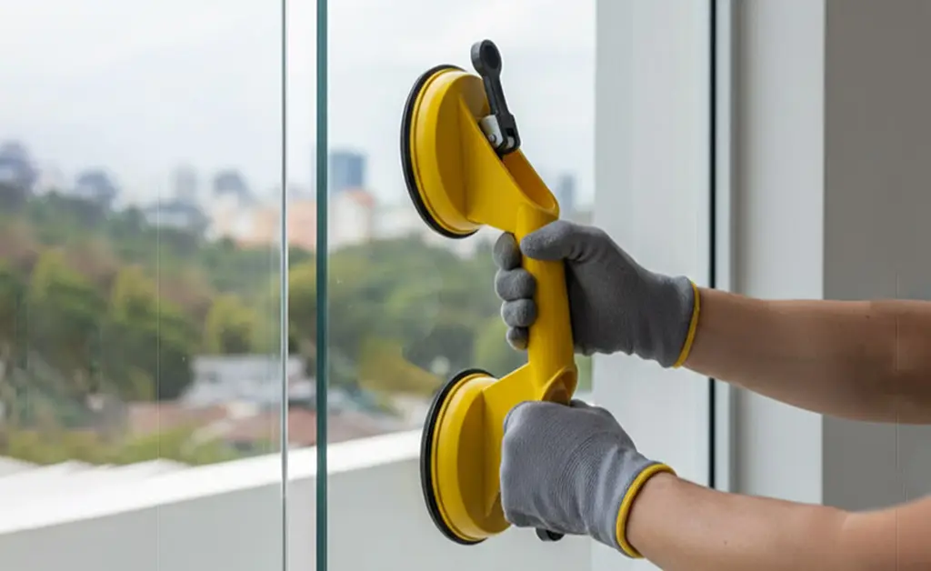 Worker using suction lifter to install frameless glass panel during DIY glass hardware installation